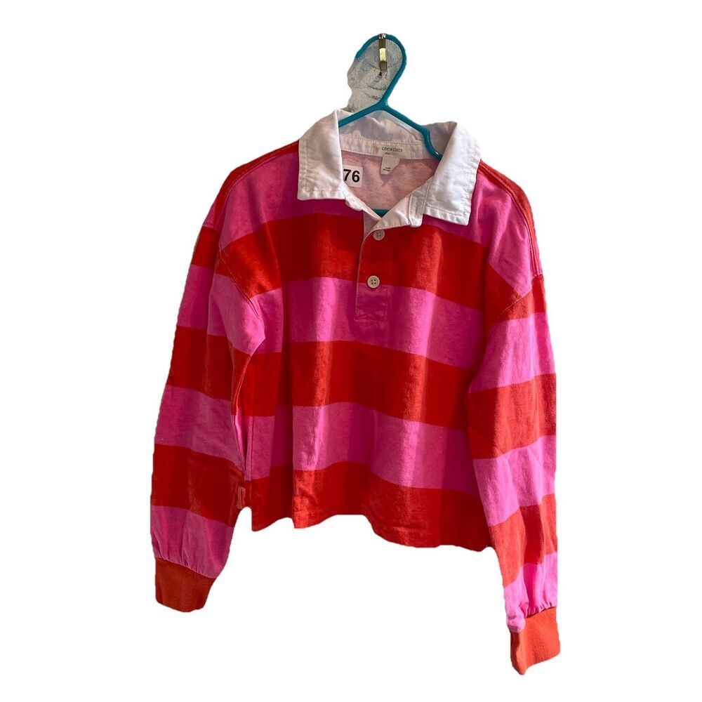 Crewcuts Girls Pink Red Striped Polo Size 6-7 Long Sleeve Preppy Rugby Shirt